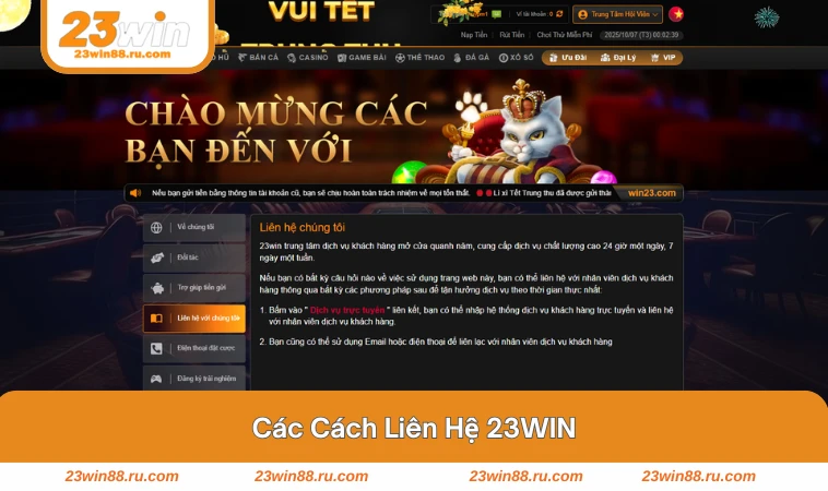 Giao diện chat và hotline của 23WIN hiển thị trên trang chủ